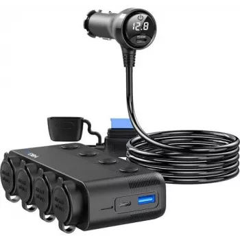 MBG Line HS75AD Rozbočovač zapaľovača s 2 zásuvkami a 3 USB portami, 75 cm kábel, čierny