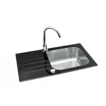 GLAM 20 granitový kompozitný set kuchynského drezu s čiernou pákovou batériou, jednodrez, reverzibilný, 580x480 mm