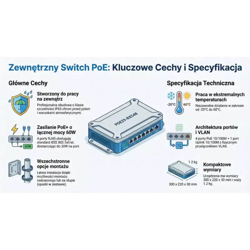 GETFORT GF-410-FU-PO vonkajší PoE switch 4 PoE porty + 1 uplink, 65W, IP65