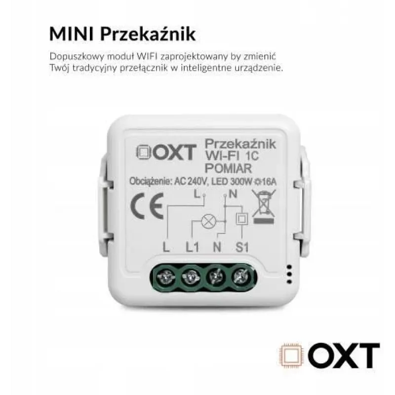 OXT T220P Wi-Fi reléový modul, 1 okruh, 16 A, meranie spotreby, Tuya
