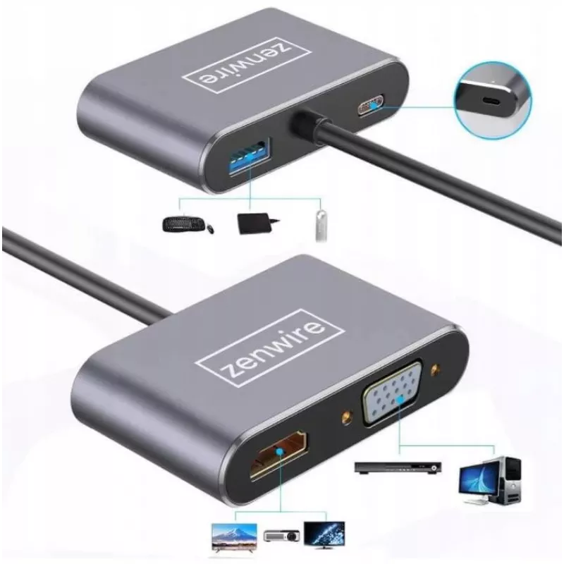 ZENWIRE USB-C multiport adaptér hub 4-in-1 HDMI 4K VGA USB-A Space Gray BYL-2310