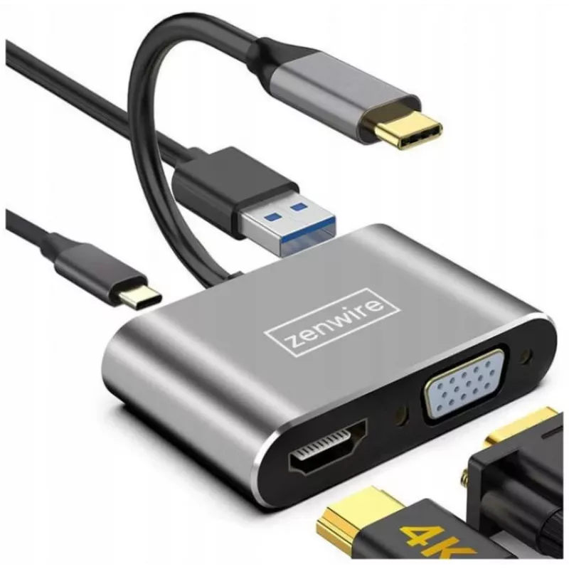 ZENWIRE USB-C multiport adaptér hub 4-in-1 HDMI 4K VGA USB-A Space Gray BYL-2310