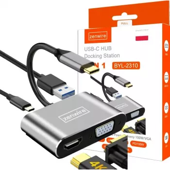 ZENWIRE USB-C multiport adaptér hub 4-in-1 HDMI 4K VGA USB-A Space Gray BYL-2310