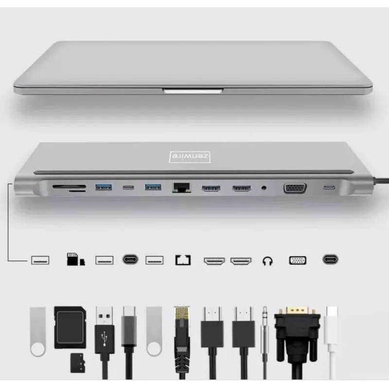 ZENWIRE USB-C hub adaptér 12-in-1 dokovacia stanica 2x HDMI 4K Ethernet RJ45 USB 3.0 BYL-2211