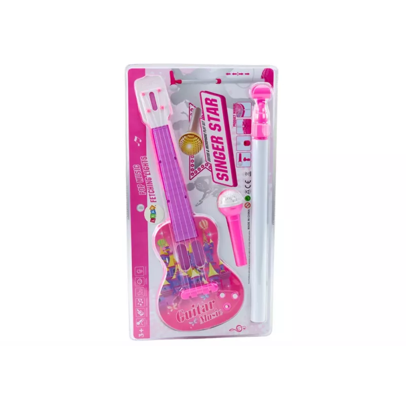 LEAN TOYS elektrická súprava s gitarovým stojanom s mikrofónom, na batérie, ružová