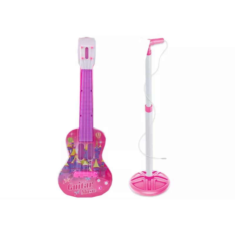 LEAN TOYS elektrická súprava s gitarovým stojanom s mikrofónom, na batérie, ružová