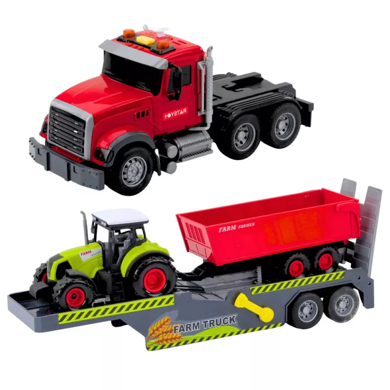 LEAN TOYS sada kamión traktor s prívesom svetlá a zvuky červené