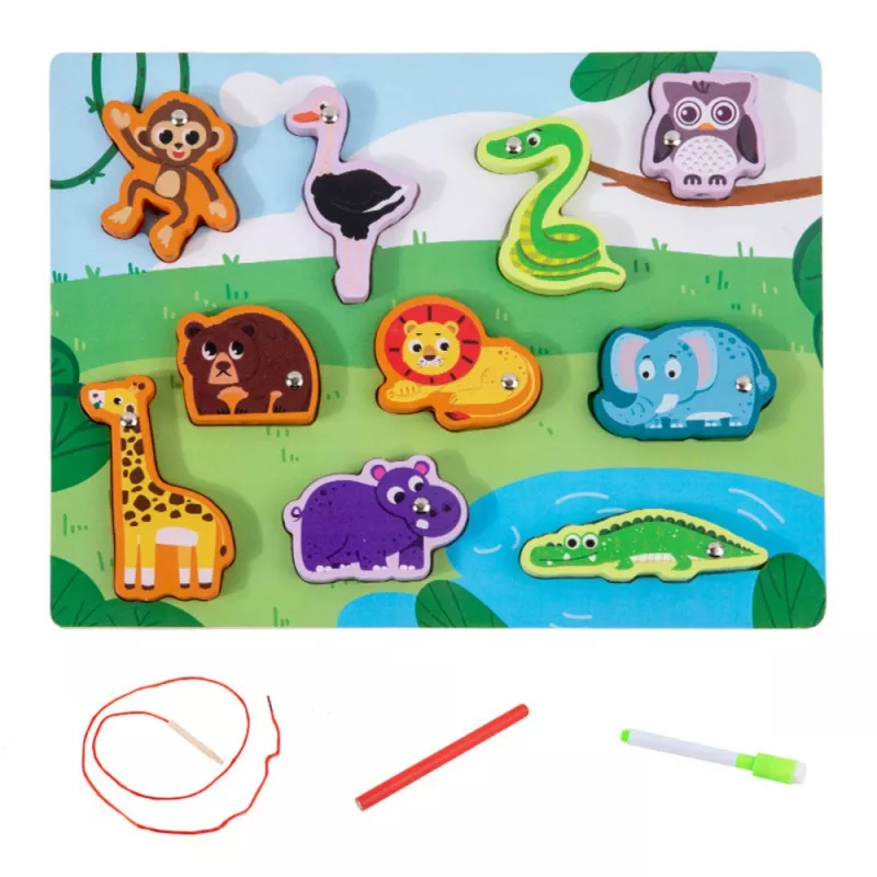 LEAN TOYS drevené puzzle magnety šnurovacia hra zvieratá