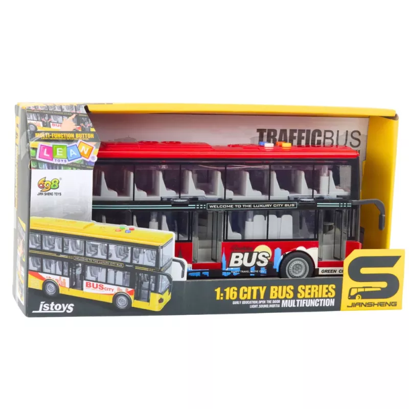 LEAN TOYS mestský autobus poschodový 1:16 pohon svetlá zvuky červený