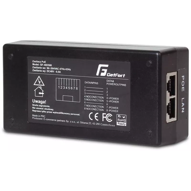 GETFORT GF-48D500 PoE adaptér 48V 0.5A 24W pasívny PoE injektor