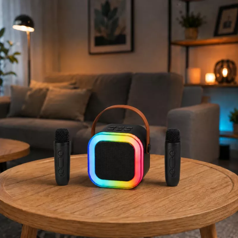 LEAN karaoke set Bluetooth reproduktor dva mikrofóny LED svetlá čierny
