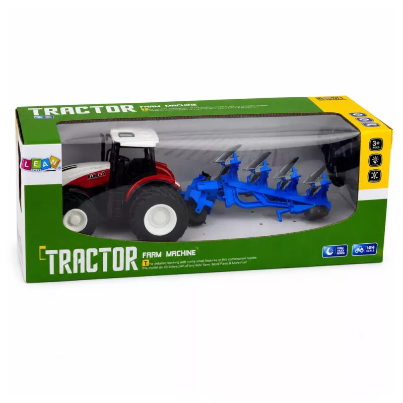 LEAN TOYS RC na diaľkové ovládanie traktor s dvojitým pluhom červený 1:24
