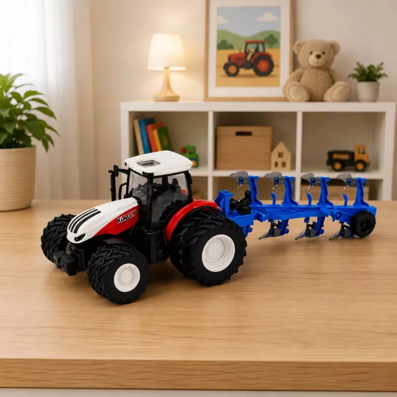 LEAN TOYS RC na diaľkové ovládanie traktor s dvojitým pluhom červený 1:24