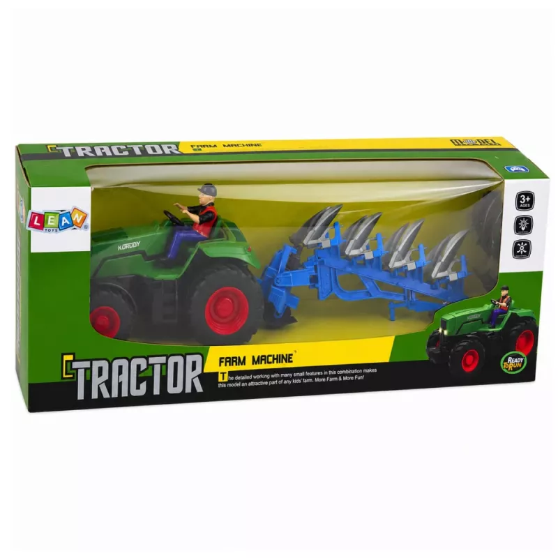 LEAN TOYS RC traktor s pluhom a farmárom, na diaľkové ovládanie, svetlá, zelený, 1:24