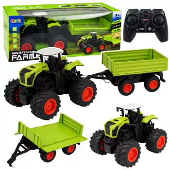 LEAN TOYS vysoký poľnohospodársky traktor s vyklápacím prívesom, na diaľkové ovládanie, RC 1:16