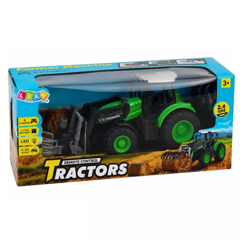 LEAN TOYS RC traktor s chápadlom na balíky, diaľkovo ovládaný, svetlá, zelený, 1:24