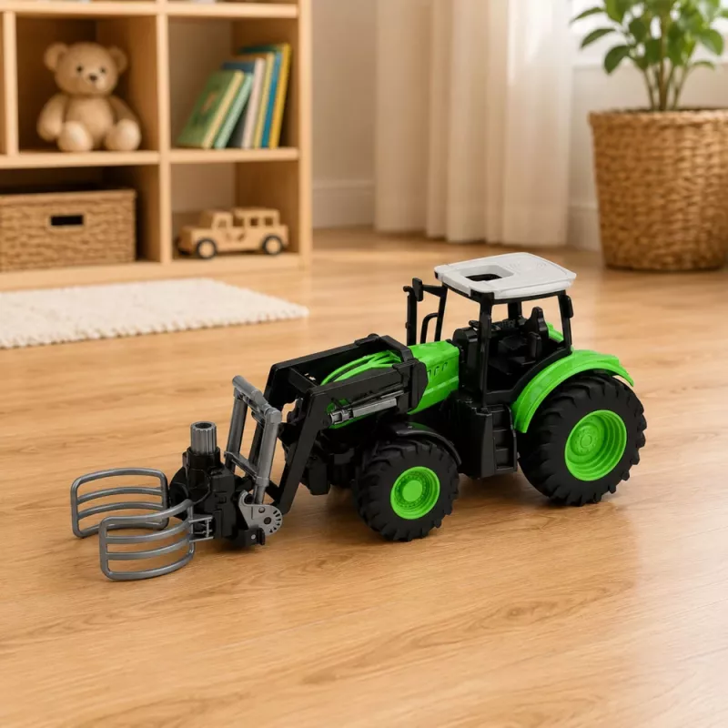 LEAN TOYS RC traktor s chápadlom na balíky, diaľkovo ovládaný, svetlá, zelený, 1:24