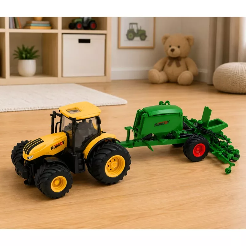 LEAN TOYS traktor so sejačkou a kultivátorom, svetlo a zvuk, žltý, 1:24