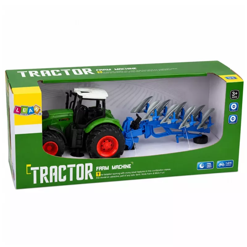 LEAN TOYS poľnohospodársky traktor s dvojradličným pluhom, gumené pneumatiky, zelený, 1:24