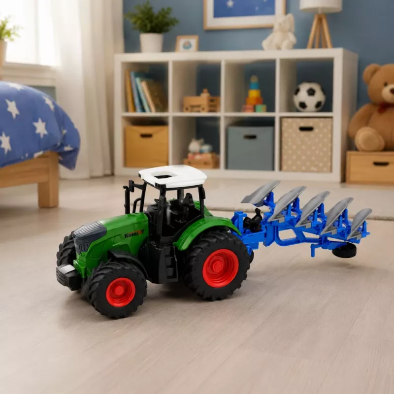 LEAN TOYS poľnohospodársky traktor s dvojradličným pluhom, gumené pneumatiky, zelený, 1:24