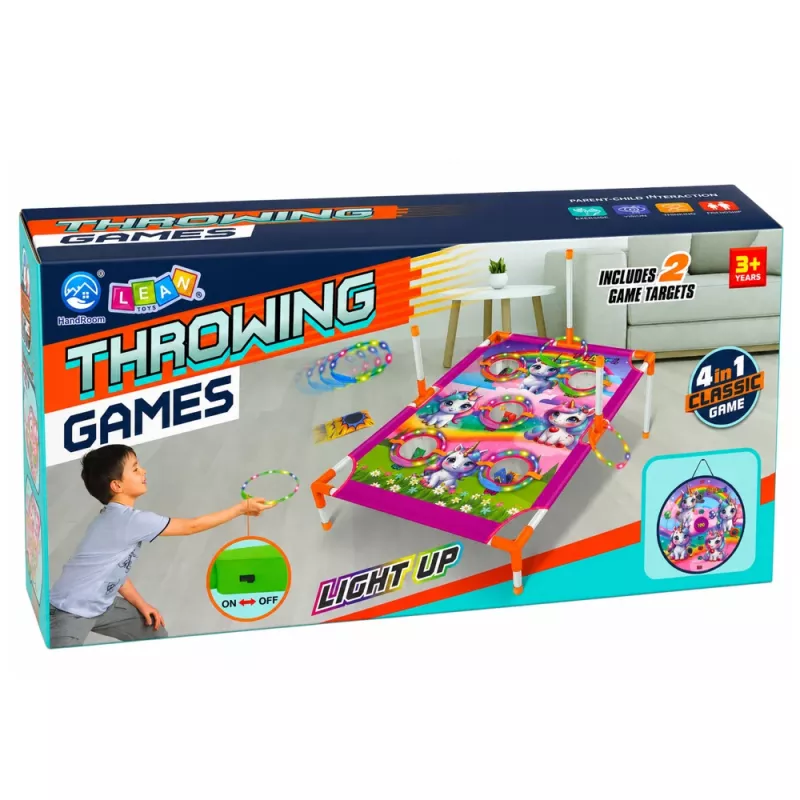 LEAN TOYS 4-in-1 jednorožec hra hádzania na cieľ s krúžkami a diskami