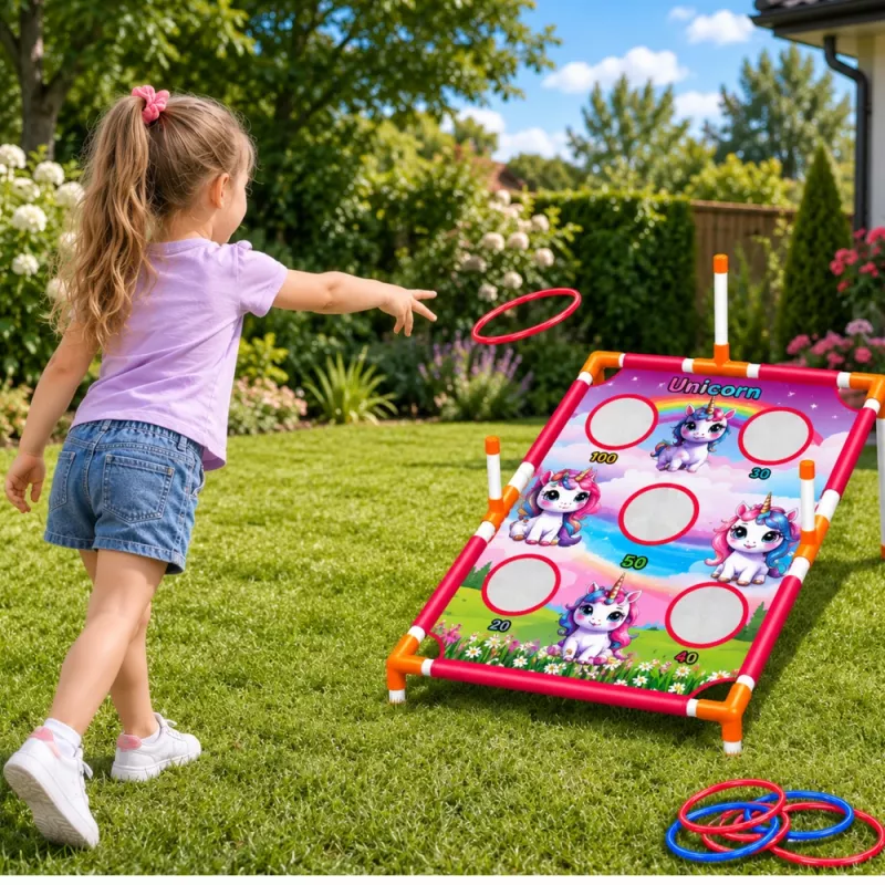 LEAN TOYS 4-in-1 jednorožec hra hádzania na cieľ s krúžkami a diskami