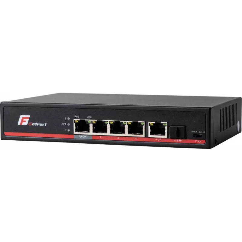 GETFORT GF-106-4PG-S-65 5-portový Gigabit PoE+ switch (4 PoE+ porty, 65W, 1 SFP) Desktop/Wall-Mount