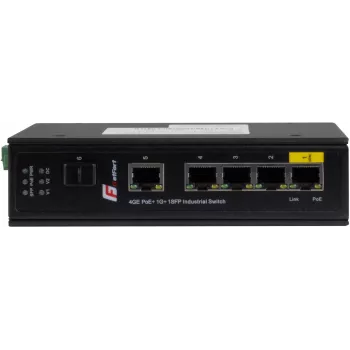 GETFORT GF-110-4PG-1G-1S priemyselný PoE+ switch, 4x PoE+ 10/100/1000Base-T + 1x 10/100/1000Base-T + 1x 1000Base-X SFP, -40°C až 80°C, DIN lišta, 65W PoE rozpočet