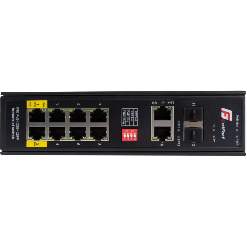 GETFORT GF-110-8PG-2G-2S priemyselný PoE+ switch, 8x PoE+ Gigabit + 2x Gigabit + 2x SFP, -40°C až 80°C