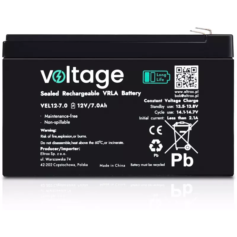 Voltage Long Life AGM batéria 12V 7Ah VEL12-7.0 (15 rokov životnosť dizajnu)