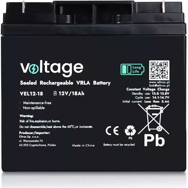 VOLTAGE AGM Long Life batéria 12V 18Ah VEL12-18