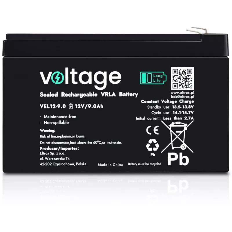 Voltage Long Life AGM batéria 12V 9Ah VEL12-9.0 (15 rokov životnosť dizajnu)
