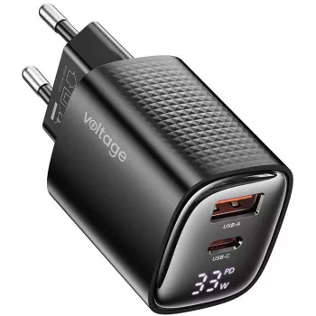 Voltage GaN nabíjačka Mini 33W PD 3.0 QC 3.0 USB-A USB-C digitálny displej čierna