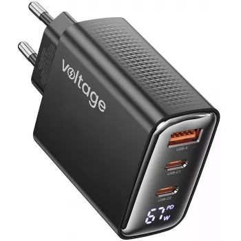 Voltage GaN nabíjačka 67W PD 3.0 QC 4.0 USB-A 2x USB-C digitálny displej čierna