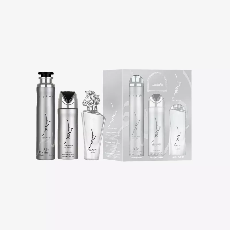 Lattafa Maahir Legacy darčekový set, EDP sprej 100 ml + parfumovaný sprej 200 ml + osviežovač vzduchu 300 ml