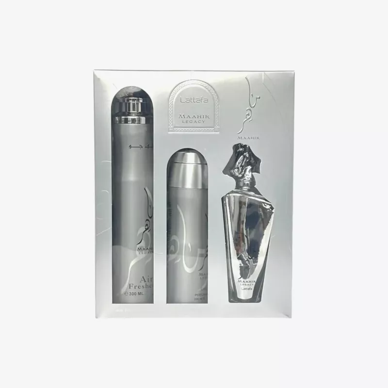 Lattafa Maahir Legacy darčekový set, EDP sprej 100 ml + parfumovaný sprej 200 ml + osviežovač vzduchu 300 ml