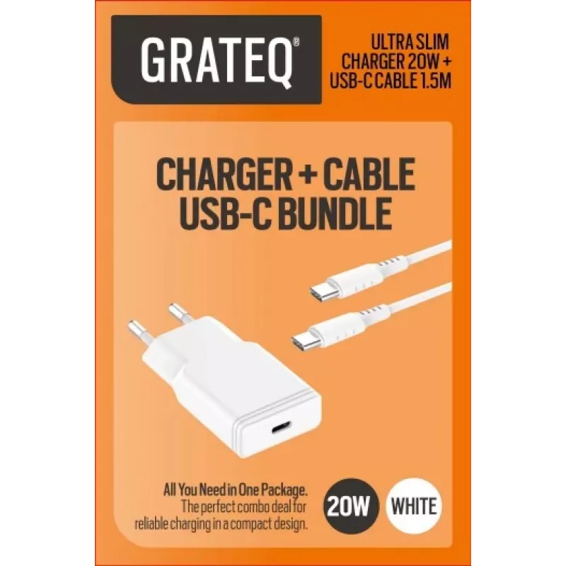 GRATEQ TAHKO 20W USB-C PD nástenná nabíjačka balenie s 1,5m USB-C na Lightning kábel, biela