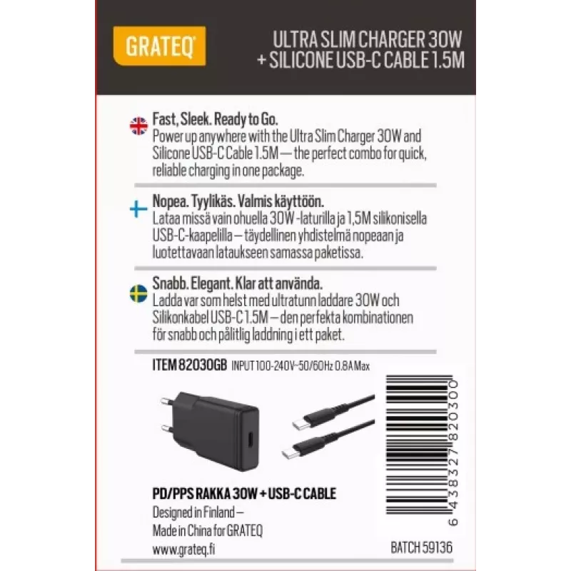 GRATEQ RAKKA NABÍJAČKA 30W + KÁBEL 1.5M BALENIE ČIERNE