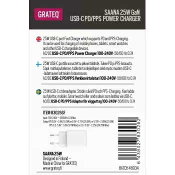 GRATEQ SAANA GaN USB-C 25W PD/PPS nástenná nabíjačka biela