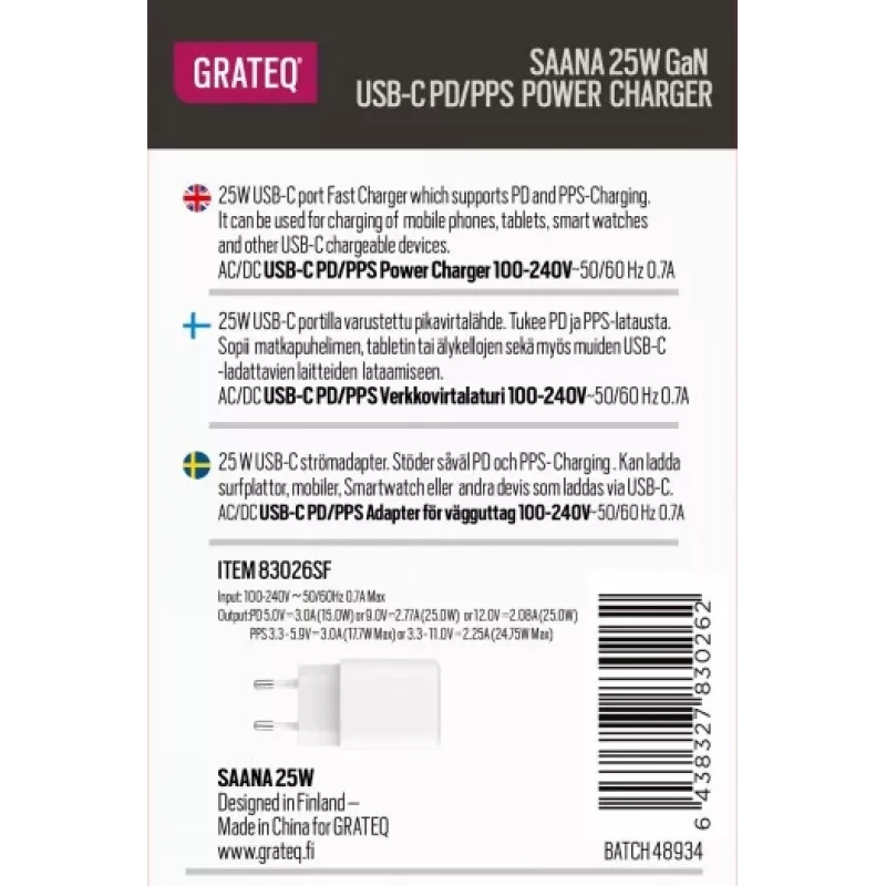 GRATEQ SAANA GaN USB-C 25W PD/PPS nástenná nabíjačka biela