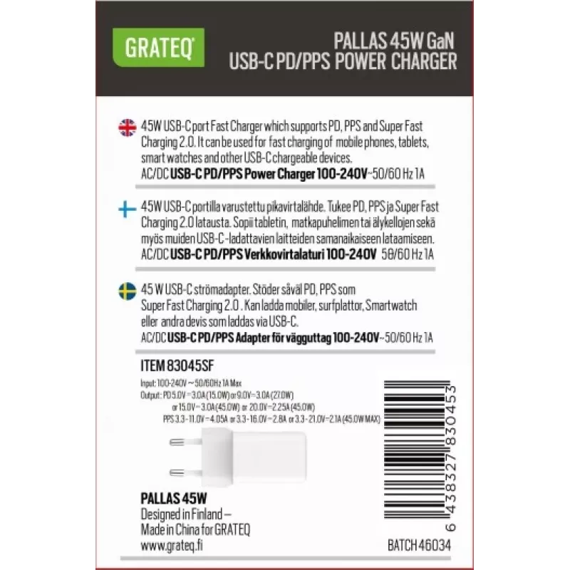 GRATEQ PALLAS GaN USB-C 45W napájací zdroj biely