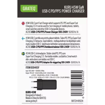 GRATEQ KURU GaN USB-C PD/PPS 45W čierna nástenná nabíjačka