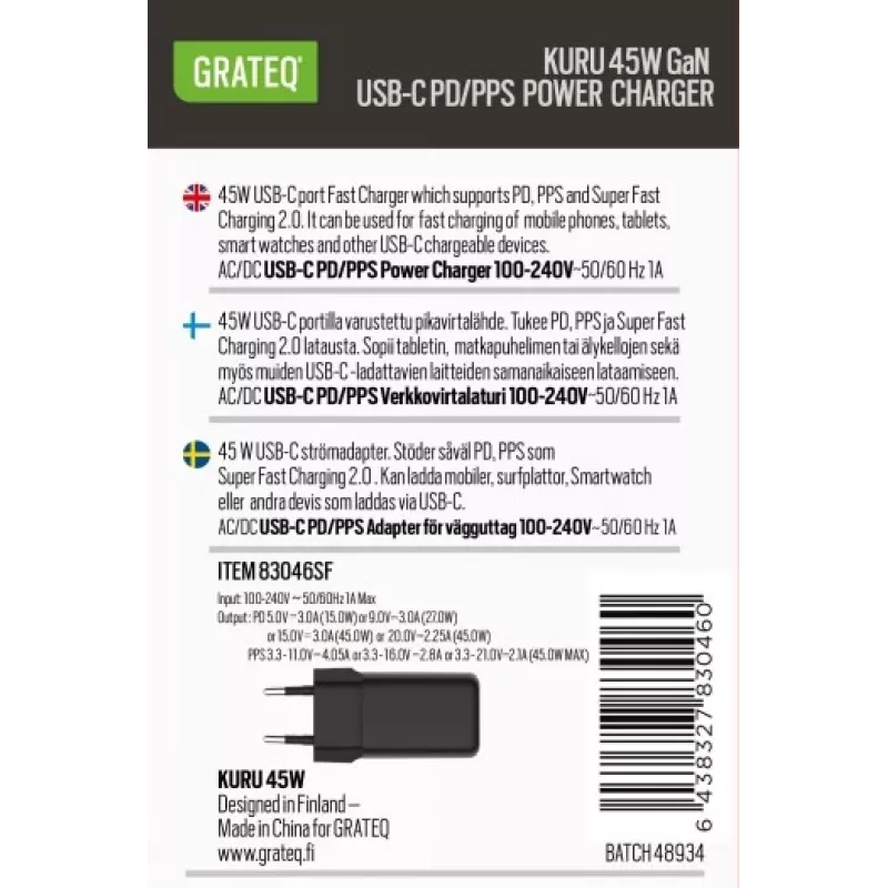 GRATEQ KURU GaN USB-C PD/PPS 45W čierna nástenná nabíjačka