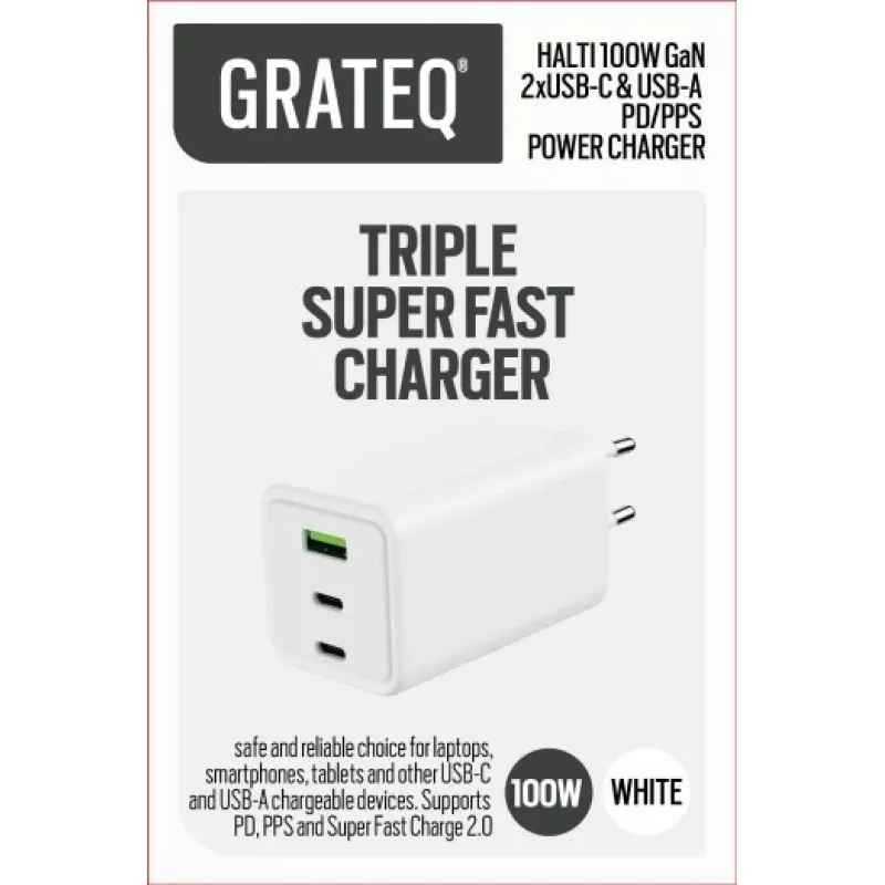 GRATEQ HALTI GaN PD/PPS 2xUSB-C/1xUSB-A 100W nástenná nabíjačka čierna