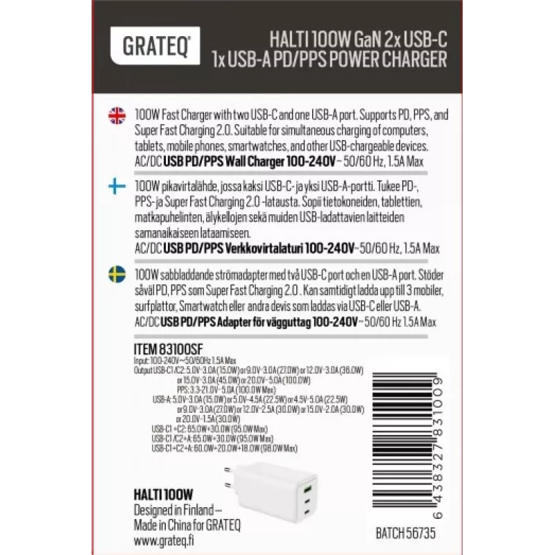 GRATEQ HALTI GaN PD/PPS 2xUSB-C/1xUSB-A 100W nástenná nabíjačka čierna