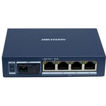 Hikvision DS-3D504TP-A neupravovaný priemyselný PoE switch, 4 PoE+ porty, 1 SFP uplink, 60W rozpočet