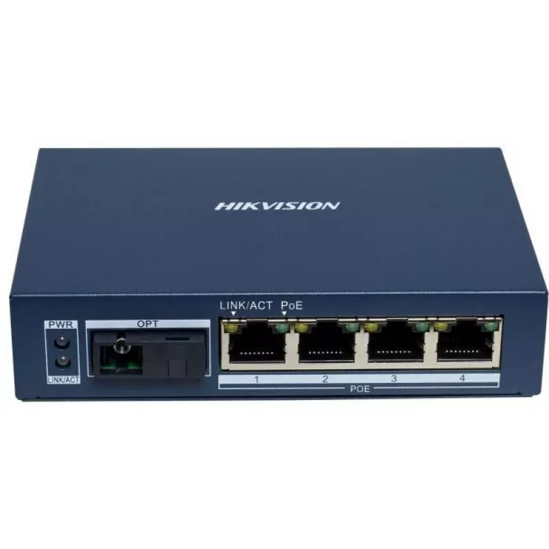 Hikvision DS-3D504TP-A neupravovaný priemyselný PoE switch, 4 PoE+ porty, 1 SFP uplink, 60W rozpočet
