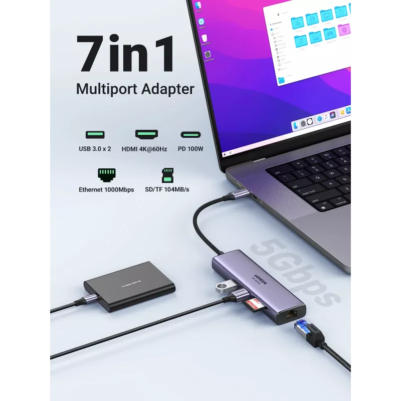 UGREEN 60515 7v1 USB-C hub, 4K 60Hz HDMI, Ethernet, 100 W PD, sivý