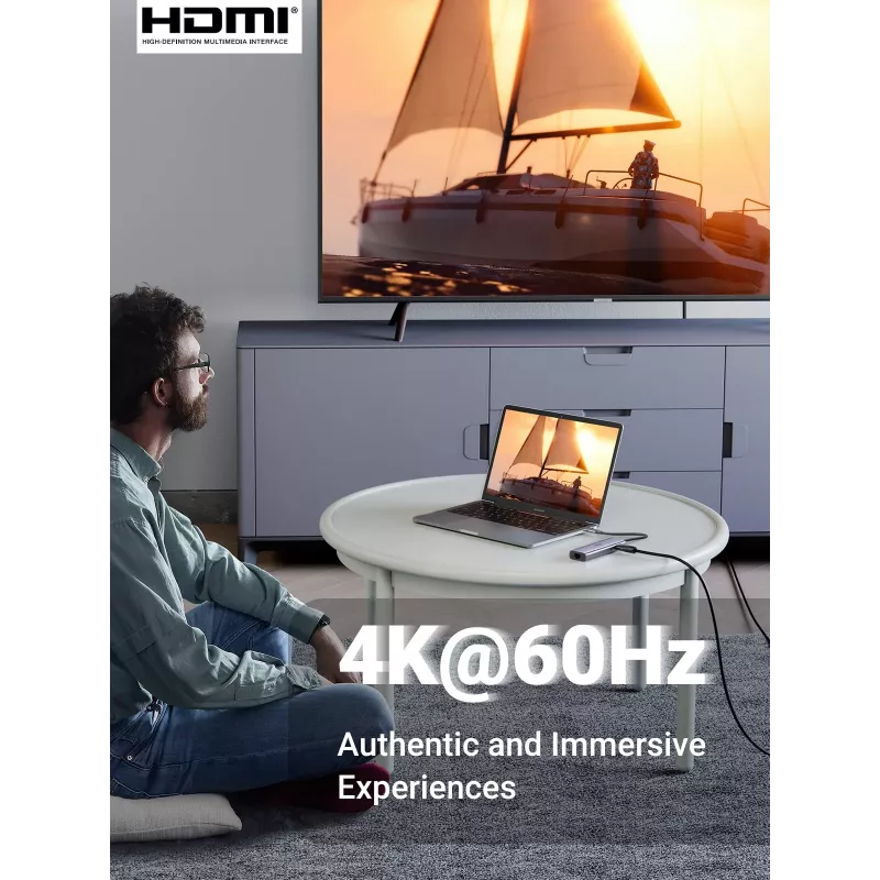 UGREEN 60515 7v1 USB-C hub, 4K 60Hz HDMI, Ethernet, 100 W PD, sivý