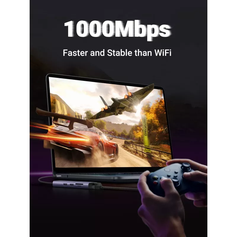 UGREEN 60515 7v1 USB-C hub, 4K 60Hz HDMI, Ethernet, 100 W PD, sivý
